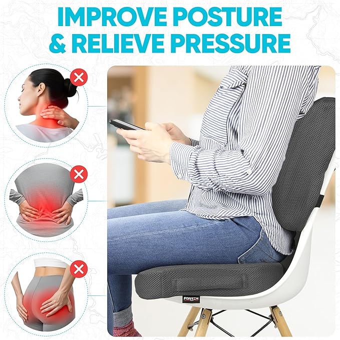 FORTEM Seat Cushion, Office Chair Cushion, Lumbar Support Pillow for Office Chair, Memory Foam Sciatica Coccyx Tailbone Pressure Pain Relief, Car Sitting Pad, Washable Non Slip, XL