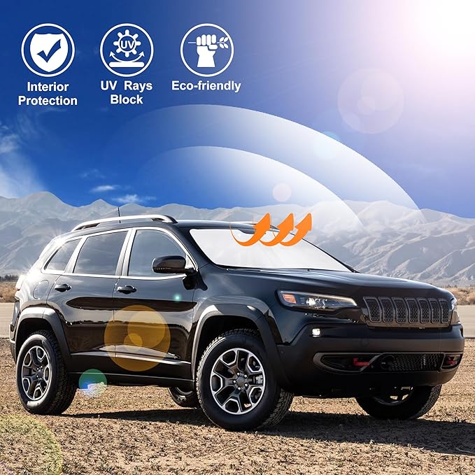 Windshield Sun Shade Foldable Sunshade Protector Custom Fit Jeep Cherokee 2014-2022 2023 Trailhawk,Overland, Limited, Latitude, Altitude Accessories (Not for Jeep Grand Cherokee)