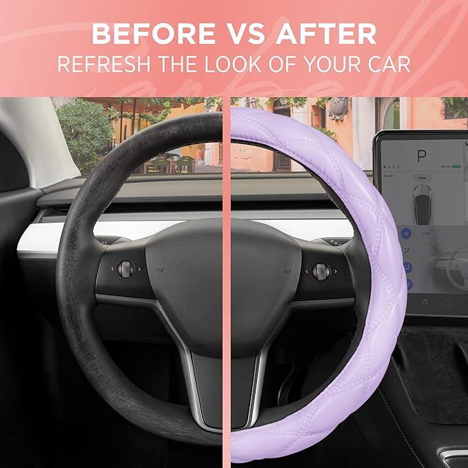 Purple Stitched Leather Steering Wheel Cover for Women, Standard 15 Inch Size Fits Most Vehicles, Cute Faux Car Steering Cover with Diamond Double-Stitch Detail, Car Accessories for Women