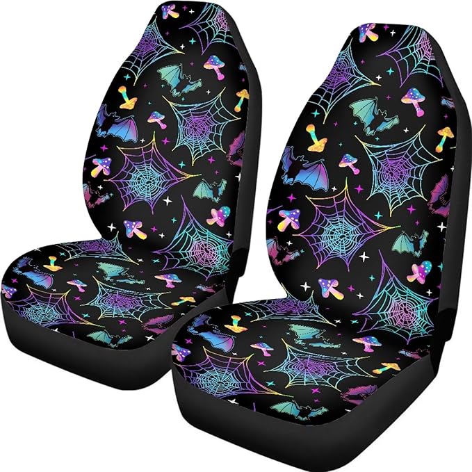 Bat Spiderweb Mushroom Car Front Seat Covers Full Set of 2,Universal Bucket Seats Protector,Fit for Most Vehicles