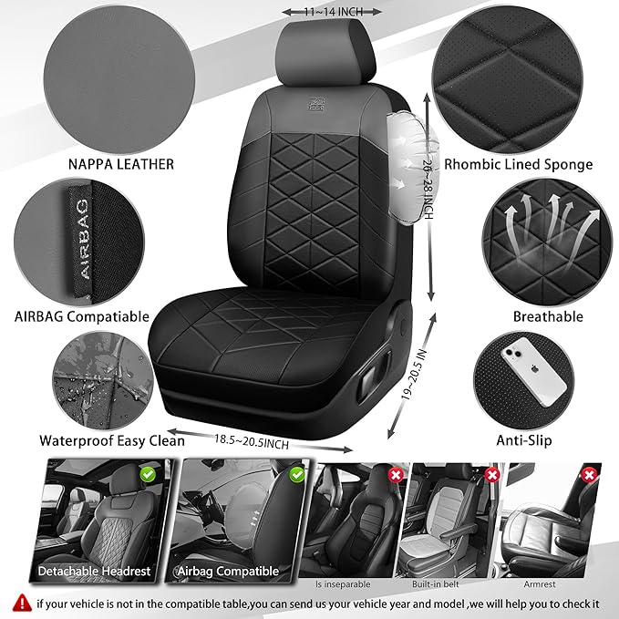 CAR PASS Nappa Leather Waterproof Car Seat Covers Two Front, 3D Foam Automotive Seat Covers with Memory Foam, Universal Fit for Cars SUV Truck Sedan, Airbag Compatible, Comfort 2 Rhomb Black Grey