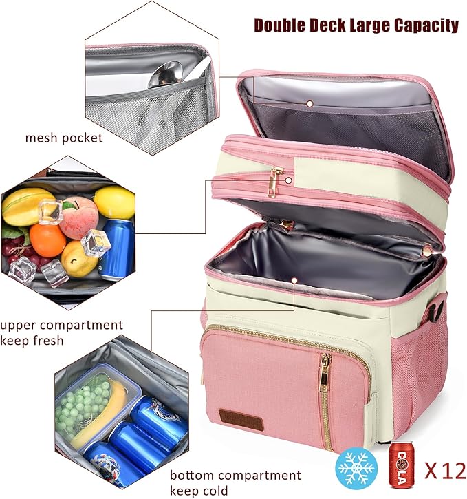 MIYCOO Lunch Bag & Lunch Box for Women Men, Double Deck Leakproof Insulated Soft Large Adult Camping Cooler bag for Work, Beach, Picnic, Travel (Pink White, 15L)