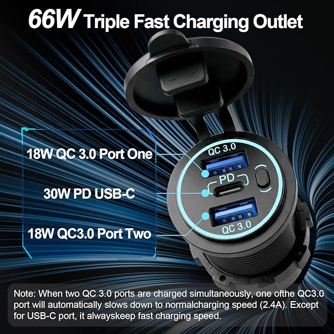 12v usb charger, PD 20W USB-C Power Socket and 18W QC3.0 Socket Waterproof Power Outlet 12V/24V with Power Switch 12V USB C Outlet for Car Golf Cart Boat Marine Bus Truck RV Marine Motorcycle etc.