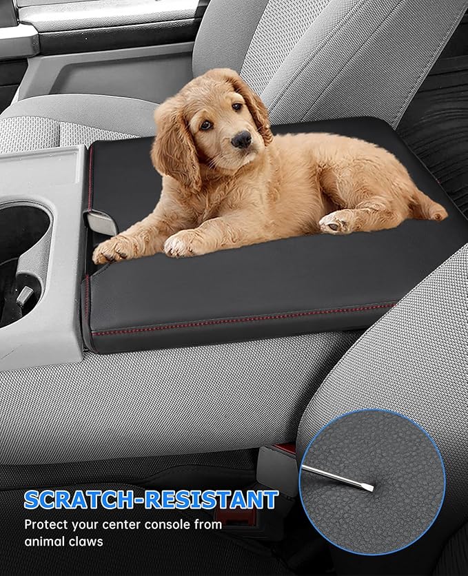 INTGET Center Console Armrest Cover for 2026 Ford F150 Accessories 2015-2023 2024 2025/for F250 F350 F450 F550 2017-2026 40/20/40 Jump Seat Car Arm Rest Lid Seat(red stitches, 2015-2026 Jump Seat)