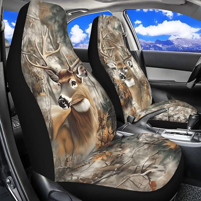 Camouflage Hunting Deer Car Seat Covers for Front Seat Breathable Car Seat Cover Protection Interior Accessories Easy to Install and Clean Universal for Cars SUV