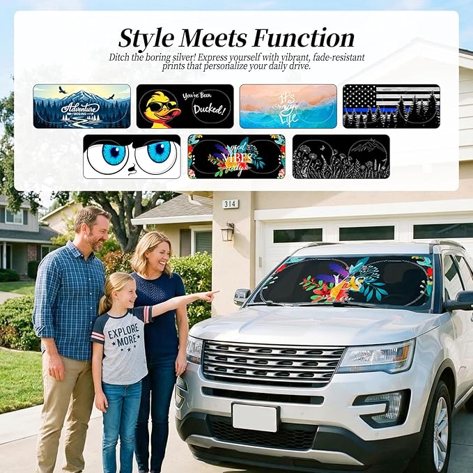 63"x28.5" Car Windshield Sun Shade with Storage Pouch, Stylish Printed Front Window Sunshade with Double Ring Frame, Universal Fit Foldable Heat Blocker & UV Protector for SUV, Sedan (Good Vibes)