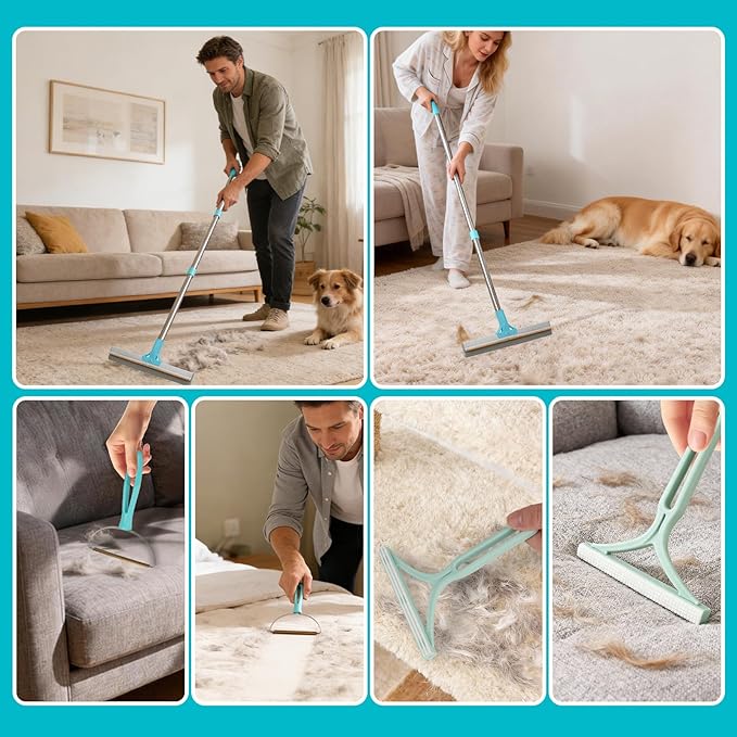 Vivifying Carpet Rake Pet Hair Remover Set, 56” Adjustable Long Handle Plus 2 Handheld Tools, Deep Cleans Pet Hair from Carpets, Rugs, Mats & Upholstery