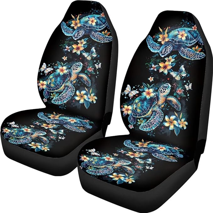 Car Seat Cover Set of 2 Car Seat Covers,Breathable Soft Bucket Seats High Back Seats Protector Cushion Universal Fit Most Vehicle Interior Set(Blue Sea Turtle with Fresh Flowers 51)