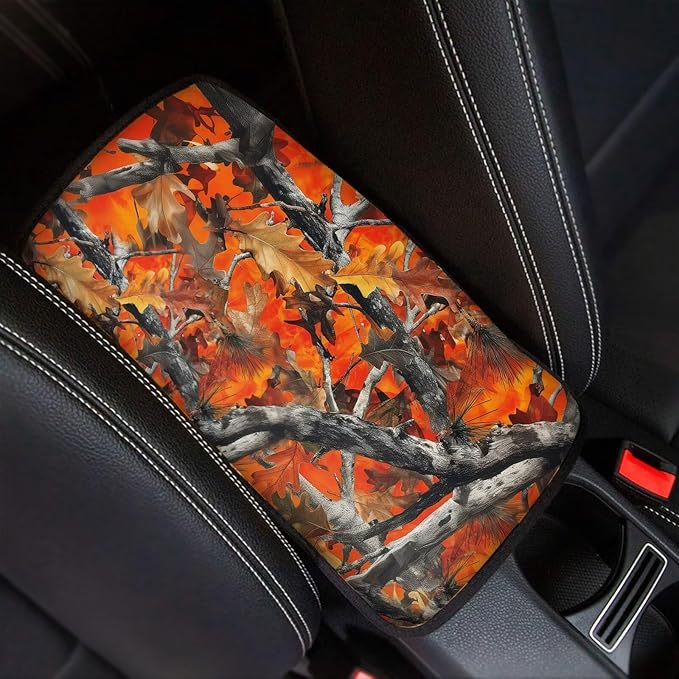 Dreaweet Orange Branch Camo Car Accessories Center Console Cover Soft Anti-Scratch Arm Rest Cover for SUV Sedan Vehicle Universal Armrest Cover Center Console Cushion Pad