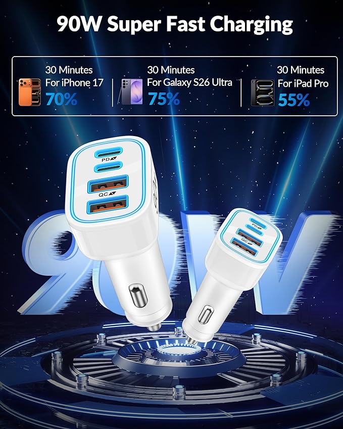 iPhone 17e 17 16 15 Pro Max Car Charger Fast Charging, 90W 4-Port USB C Car Charger 12-24V Cigarette Lighter Adapter with 3FT USB C Cable for iPhone 17/17 Pro Max/17e/16/16 Pro Max/15 Pro/Plus, iPad