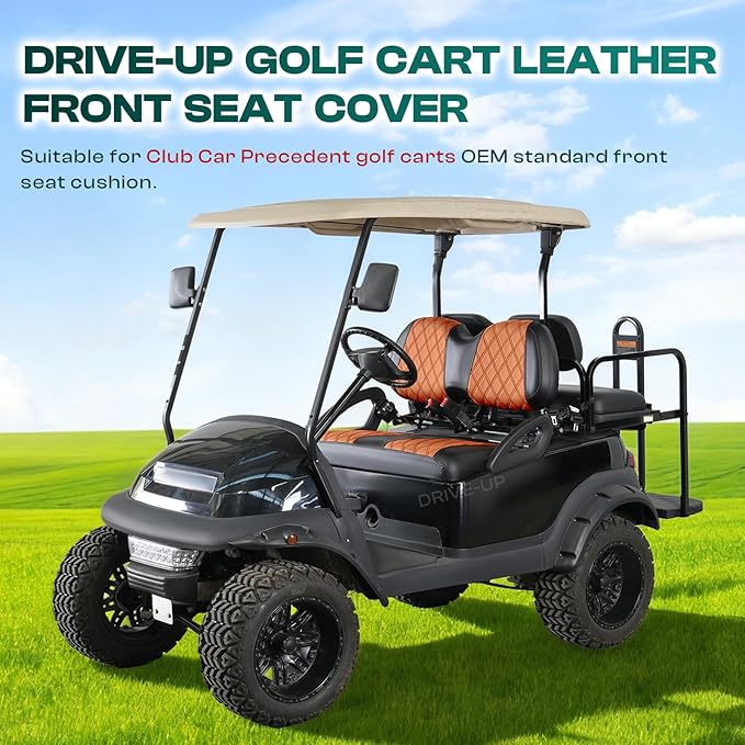 DRIVE UP Club Car Diamond Seat Covers, Brown Diamond Golf Cart Front Seat Covers Fits for Club Car Precedent Golf Carts, Black Stitching Seat and Backrest Leather Covers, Anti-Scratch and Waterproof