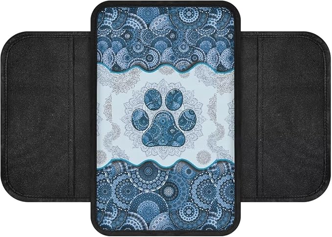 Boho Mandala Dog Paw Pattern Car Armrest Cover with Side Pockets Stretchy Car Armrest Cushion Wear-Resistan Automobile Box Cover Protector Center Console Armrest Cover Pad, Blue
