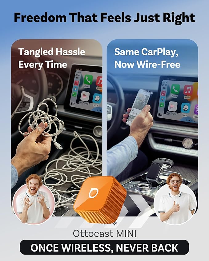 OTTOCAST 2026 New Mini Slim [USB C], 2-in-1 Wireless CarPlay Adapter & Android Auto Adapter, Plug & Play, 5s Auto-Connect Wireless Carplay Dongle for Factory Wired Cars, iPhone & Android Orange