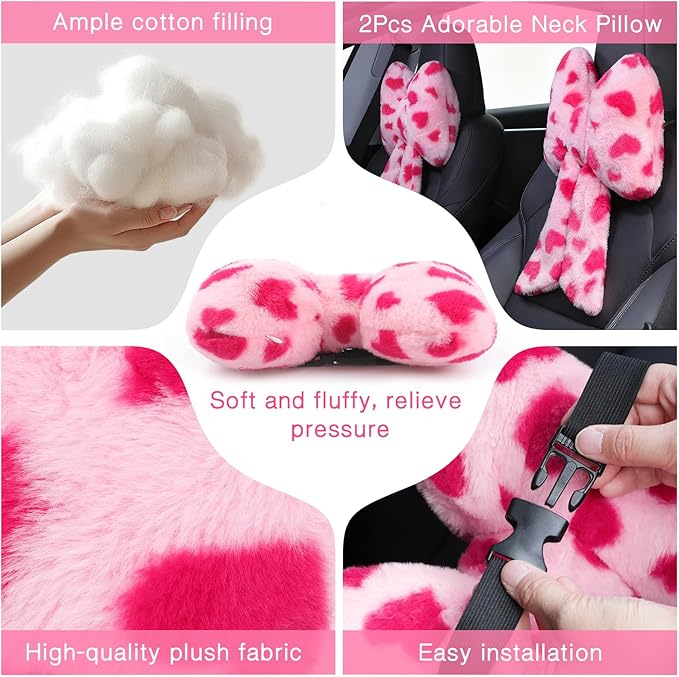 Macarrie 2 Pcs Car Neck Pillow Plush Butterfly Bow Car Headrest Pillow Comfortable Seat Neck Support Cute Head Rest Accessories for Driving Travel Driver Chair Girl Style Interior Decor(Pink Heart)