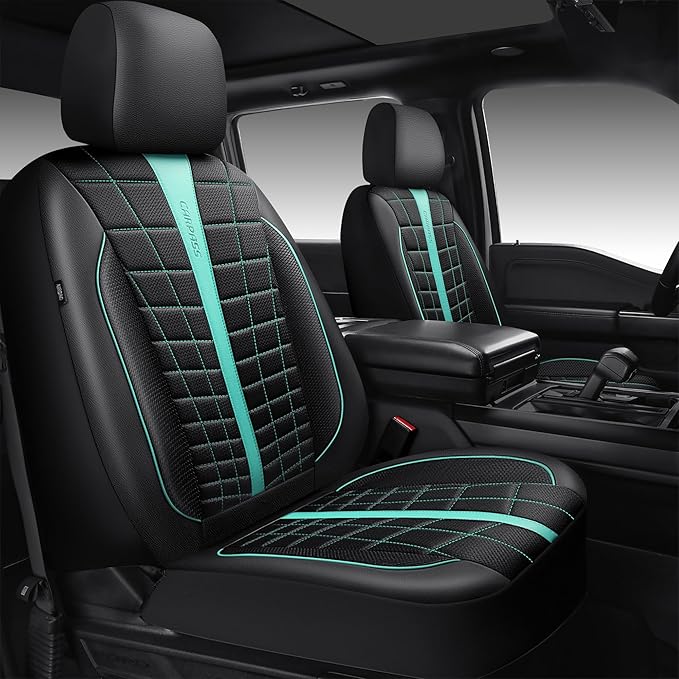 CAR PASS 3D Air Mesh Seat Covers for Car, Leather Car Seat Cover Front Seats, Breathable Foam Premium Leather Mesh Front Seat Covers Universal Fit for Cars Sedans Trucks Vans SUVs, Black Mint