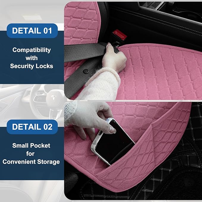 Linen Car Seat Covers for Cars, Front Car Seat Cover Protectors with Storage Bags, Anti-Slip & Soft Automotive Seat Cushion Universal Fit for Most Sedan, SUVs, Vehicles (Pink)