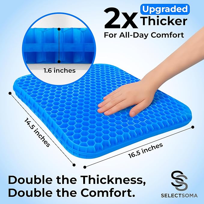 SelectSoma Double-Thick Gel Seat Cushion for Long Sitting Pressure Relief for Back, Sciatica, Coccyx, Tailbone Pain - Cushion for Office Chair, Wheelchair, Car & Truck, Patio Chairs - Egg Seat Pad