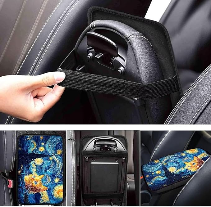 Car Center Console Pad for Women Men, Universal Oil Painting Starry Sky Cat Auto Armrest Box Protector for Most Cars SUV Trucks Vans