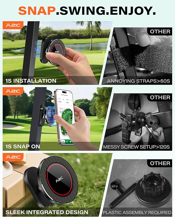 A2C Alloy Magnetic Golf Cart Phone Holder for MagSafe iPhone, Unique Golf Gifts for Men Golfers Dad Father, Golf Gift for Him Husband, Golf Accessories Essentials Gadgets Fits EZGO, Club Car (Black)