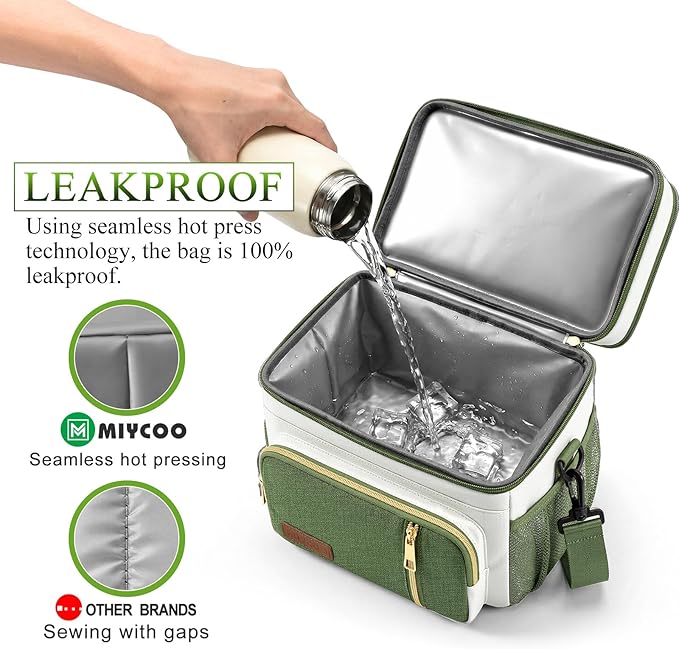 MIYCOO Lunch Bag & Lunch Box for Women Men - Double Deck Leakproof Insulated Soft Large Adult Camping Cooler Bag for Work, Beach, Picnic, Travel (Green White, 15L)