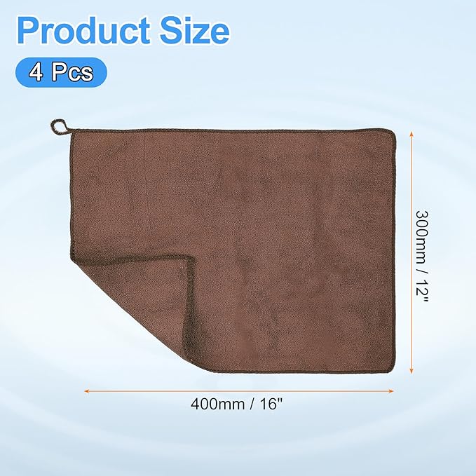 HARFINGTON 4 Pack Microfiber Cleaning Cloth, 16" x 12" Multi-Functional Cleaning Towels Reusable Absorbent Rags with Hook for Car Wash Kitchen Household Window Clean, Brown
