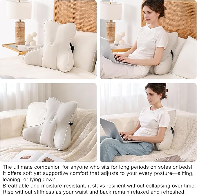 Lumbar Support Pillow(Pat. Pend) – Multi-Functional Ergonomic Back Cushion for Sofa Chair, Car Seat & Sofa, Reading Pillow with Firm Multi-Zone Support to Relieve Lower Back Pain, Misty White