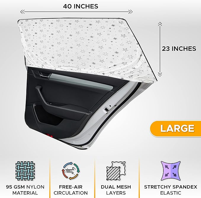 EcoNour Printed Baby Car Window Shades for Side Windows | Sun Shade for Heat & UV Protection | Adjustable Elastic Fabric Material | Rear Side Window Sunshade for Car | Pack of 2 (Large 40"x23")
