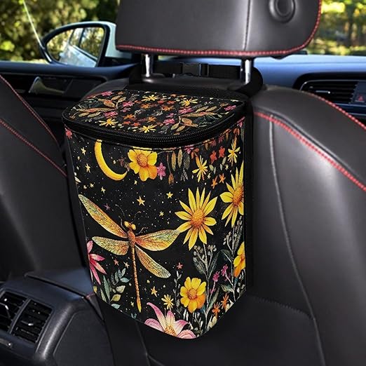 Moon Floral Dragonfly Car Trash Can with Lid, Cute Leakproof Car Trash Garbage Bag Hanging Vehicle Trash Bin Small Portable Automotive Garbage Cans Organizer for Back/Front Seat/Console