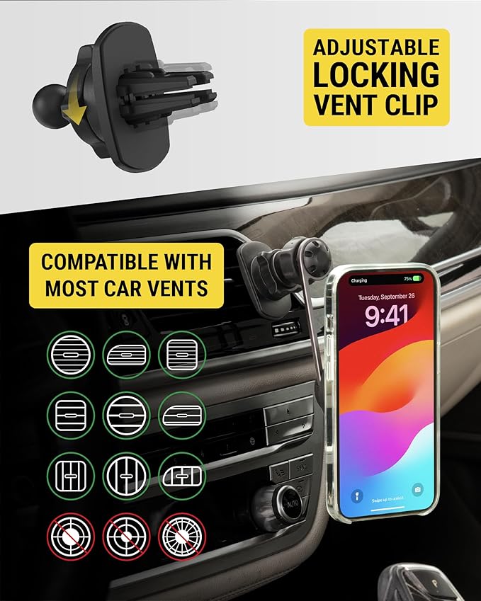 Scosche Qi2 MagSafe Car Mount Charger, 15W Wireless Magnetic Phone Holder for Car Dash, Vent & Tesla Display, Secure Grip, 4ft Cable, Fast Charging Compatible with MagSafe iPhone & Samsung Galaxy S25