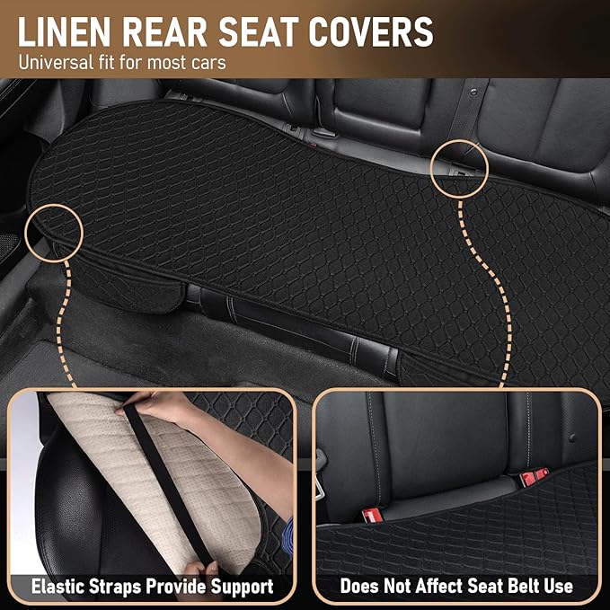 Linen Car Seat Covers, Black Back Seat Cover for Cars Include 1 Pair Front Car Seat Cover Protectors with Breathable Linen and Non-Slip Bottom Universal Fits SUVs,Cars,Sedans (Black)
