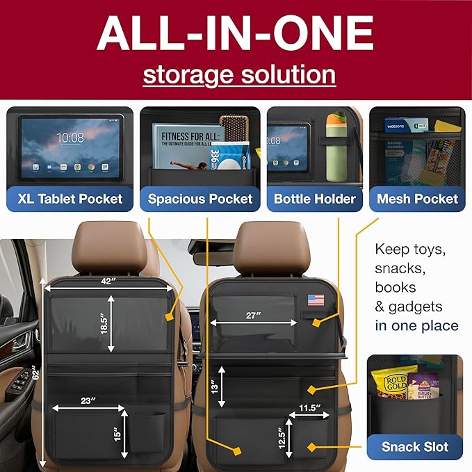 Car Backseat Organizer with Tablet Holder (2-pack) - Updated 2025 Oxford 600D Car Storage Organizer, Foldable Car Tray Kids, Road Trip Essentials, Back Seat Protector Kick Mats, Travel Accessories