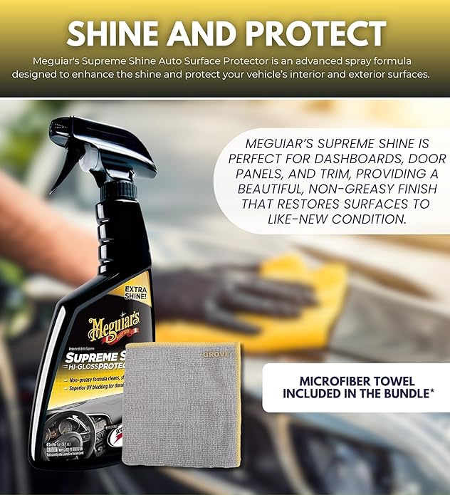 Supreme Shine Auto Surface Protector Spray 16 oz Bundle with Microfiber Cloth - High-Gloss Car Shine - UV Protection for Vinyl, Rubber & Plastic - Car Interior Detailer Spray Protectant - (2 Items)