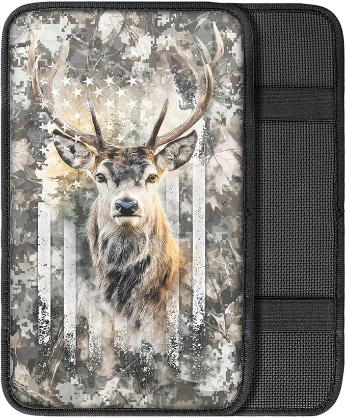 Deer Camo Hunting Print Armrest Cover Pad for Car American Flag Print Car Center Console Armrest Cushion Pad Universal Fit for Most Cars