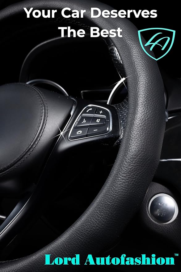 Lord Autofashion Steering Wheel Cover – PU Leather, Non-Slip Rubber Inner, All-Season Comfort – 14.5–15 Inch (Black 8399)