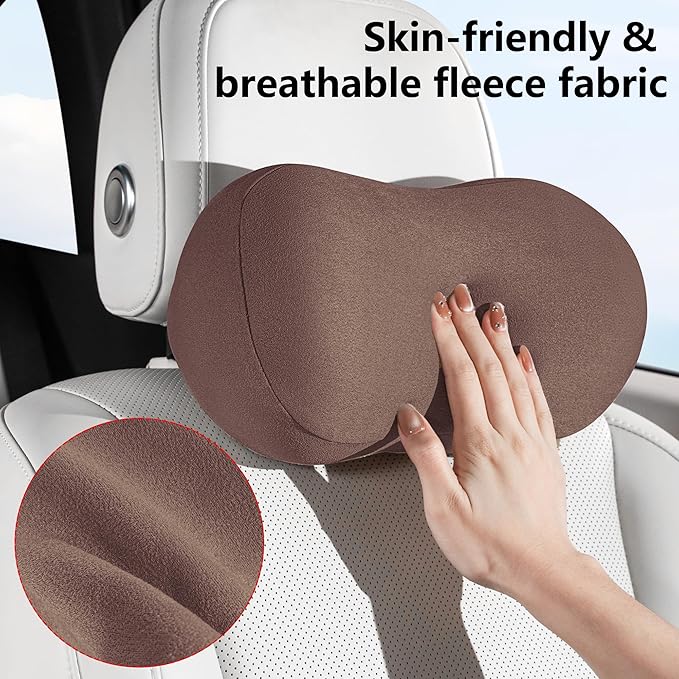Car Neck Pillow Ergonomic Design Memory Foam Softness Car Headrest Pillow for Neck Support Cushion for Driving, Universal Fit Head Rest Travel Pillow, Fits All Vehicles, Brown, 1 Pack