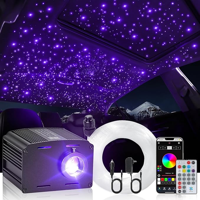 16W Twinkle & Music Sound Activated Starlight Headliner Kit for Car Home Star Ceiling, RGBW 300pcs*0.03in*9.8ft Fiber Optic Car Roof Sky Lights, Controlled Engine End Glow Fiber Strands