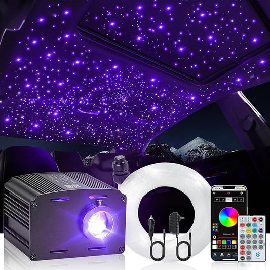 16W Twinkle & Music Sound Activated Starlight Headliner Kit for Car Home Star Ceiling, RGBW 300pcs*0.03in*9.8ft Fiber Optic Car Roof Sky Lights, Controlled Engine End Glow Fiber Strands