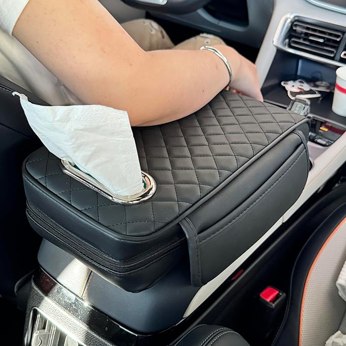 Upgraded Multi-Functional Car Center Console Cover, PU Leather Armrest Pad Cushion with Memory Foam Cushion, 2 Storage Pockets, Tissue Box Hole for Sedan Vehicles, 7 Colors (Black)