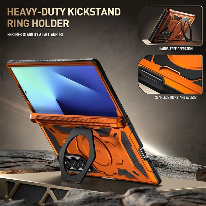 Poetic Spartan for Samsung Galaxy Z Fold 7 Case, [Hinge Protection][Magnetic Ring Adjustable Stand][Built-in Screen Protector][Compatible with MagSafe] Full-Body Rugged Phone Case, Metallic Orange