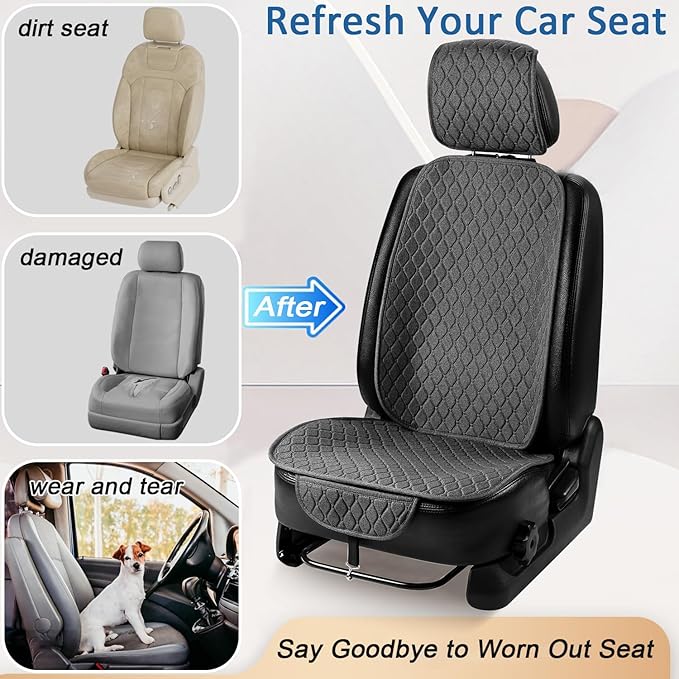 1 Pack Linen Car Seat Cover Front Seat Covers Soft & Breathable Front Premium Covers with Non-Slip Protector Universal Fits Most Automotive, Vans, SUVs, Trucks (1Pack Dark Grey)