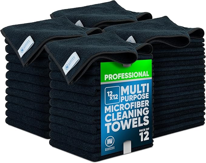 Microfiber Wholesale Cleaning Cloths (48 Pack) | Size 12" x 12"| All Purpose Microfiber Towels - Clean, Dust, Polish, Scrub, Absorbent (Black)