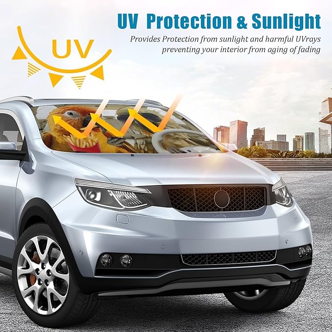 Funny Parrot Car Windshield Sun Shade Foldable Sunshade Front Window Cover Sun Visor Protector Accessories (59x27.5 inches)