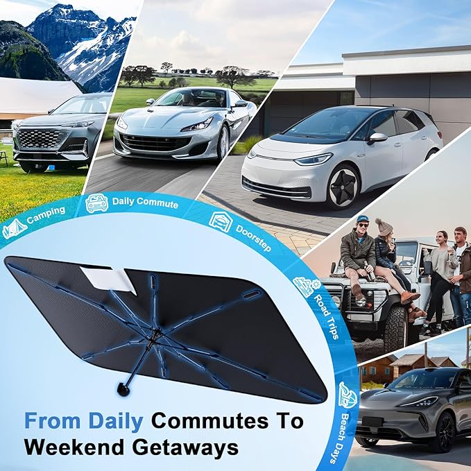 PEMOTech 2026 Upgraded Versatile Car Umbrella Windshield Sun Shade for Sedan/SUV | Keep Cool & Protect Interior | Reliable UV Blocker&Heat Shield | Car Window Shades | Large (57"x32")