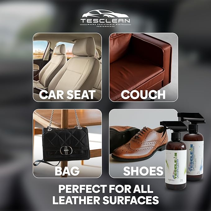 Tesla Leather Seat Cleaner & Conditioner, Made in the USA, Tesla Cleaning Kit Interior V egan Conditioner Electric Vehicle Interiors, Fits Model S, 3, X, Y (2026), Includes Microfiber Cloth & Sponge