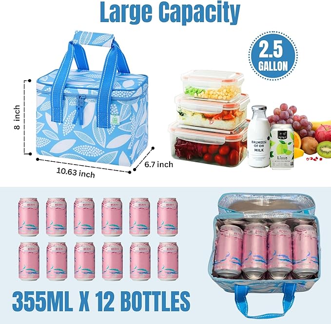VENO 2 Pack Insulated Lunch Bag Cooler Lunch Box Reusable Grocery Shopping Tote Bag, Durable Handles, Double Zippers, Lid, Collapsible (Spring Breeze, 2 Pack)
