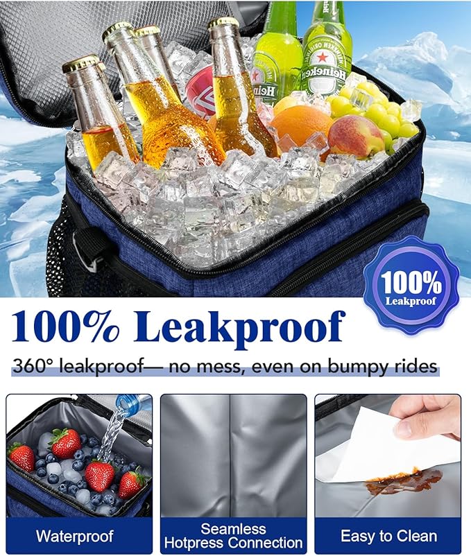 Insulated Lunch Bag for Men & Women, 9L Leakproof Lunch Box Soft Cooler Tote with 5 Pockets, 600D Oxford, EVA Lining, Adjustable Strap for Work, Picnic, Beach&Travel-Navy Blue