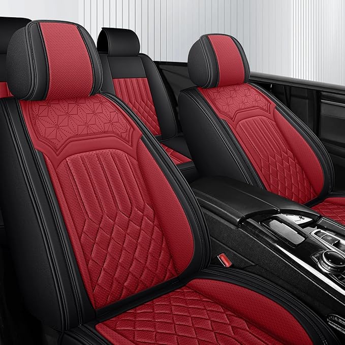 Car Seat Covers for Genesis GV70 2022-2025 2026, Full Set Nappa Leather Waterproof Breathable Anti-Slip Airbag Compatible Car Seats Protector, Car Interior Seats Cover (Black+Red,+Pillow)