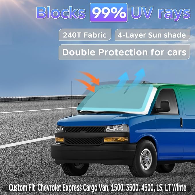 Sun Shade Sunshade for Chevrolet Express 1996-2025 2026 Windshield Cover, 4-Layers Sun Shield 250T Front Window Shade Sun Visor for Chevy Express Cargo Van, 1500, 3500, 4500, LS, LT Winter Accessories