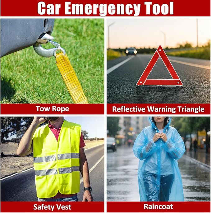 AUTODECO Car Roadside Emergency Kit, Car Safety Kit Portable Vehicle Kits for Emergency with Jumper Cables, Tow Straps, Safety Hammer, Black