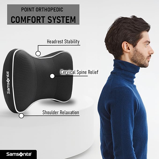 Samsonite Car Neck Pillow, Soft Memory Foam Headrest Pillow for Driving, Ergonomic Car Seat Headrest Cushion with Adjustable Strap, Breathable & Removable Cover, Neck Pain Relief, Black